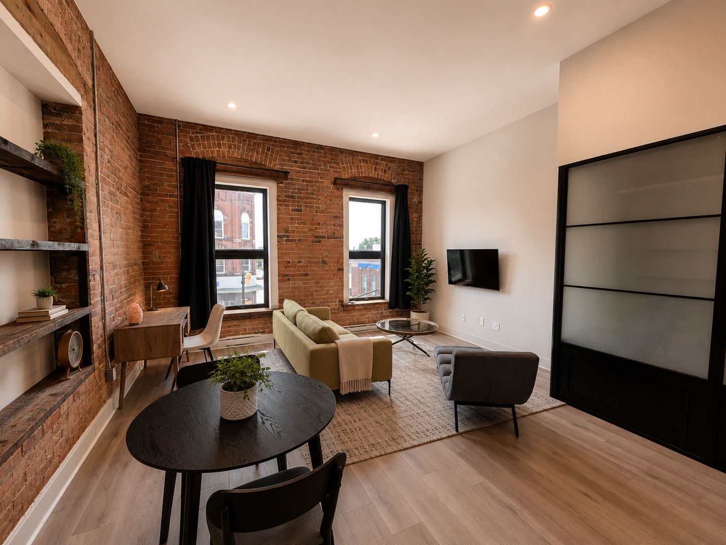 Exposed brick and historic character inside The Post Hotel in Renfrew